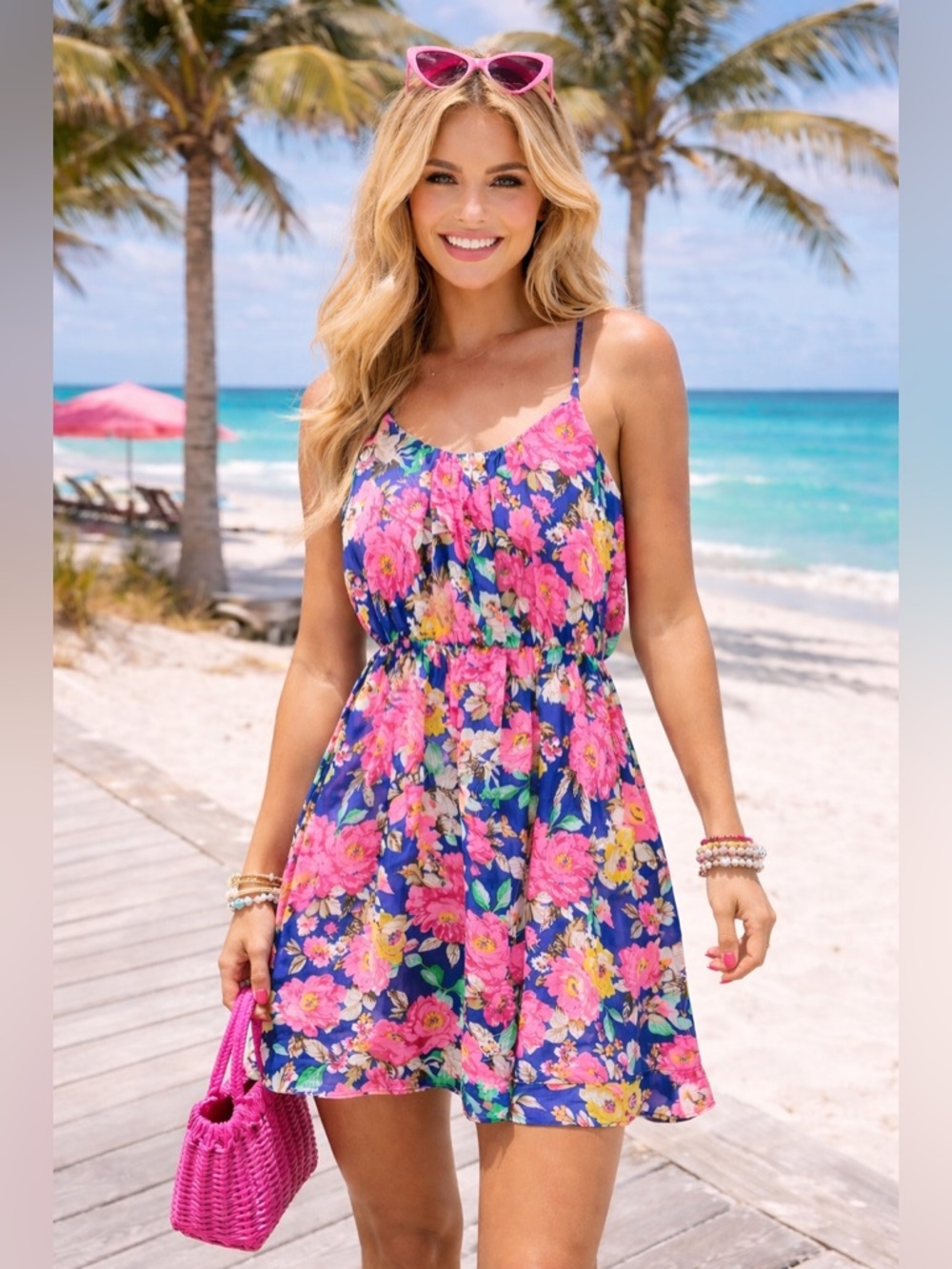 LLove Silk Blend Floral Sundress Size S Blue Pink Summer Beach Boho Dress